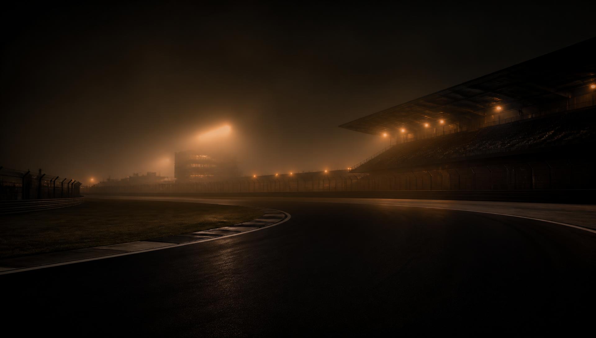 Empty European race circuit at night under floodlights