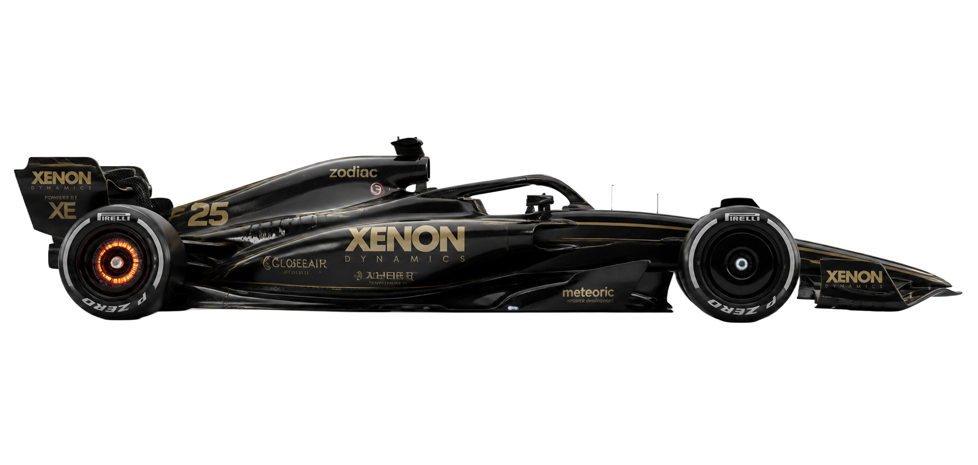 Modern Formula 1 car in matte black carbon livery crossing a night circuit